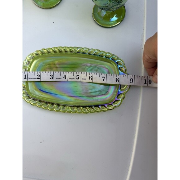 Vtg Indiana Carnival Glass Lime Green Grape Iridescent 3pc Sugar Creamer Tray - Picture 5 of 7